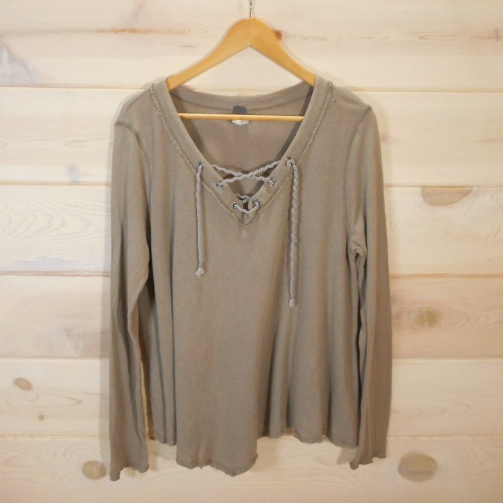 We The Free Womens M Lace-up Shirt V-Neck Long Sleeve Top Grunge Goblin Taupe
